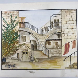 A Neighborhood in Jerusalem, Israel- Judaica Original Watercolor Painting