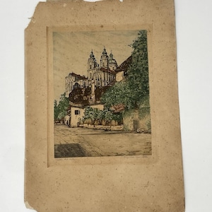 Beautiful Etching Melk Abbey Antique. Unknown Signature