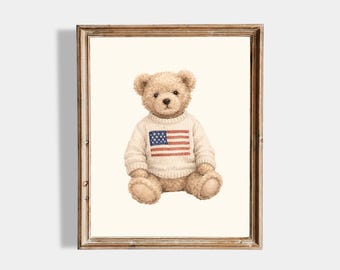 Lámina decorativa vintage con la bandera estadounidense y osito de peluche, ideal para imprimir. Decoración patriótica para la habitación del bebé, estilo americano. Arte para la habitación infantil. Descarga para la habitación de un niño.