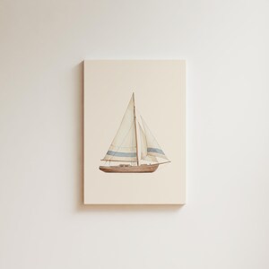 May include: Watercolor painting of a sailboat with a beige hull, white sails, and blue stripes. The artwork is on a rectangular canvas with a cream-colored background. The boat is depicted in a side view, with the mast and sails prominently displayed.