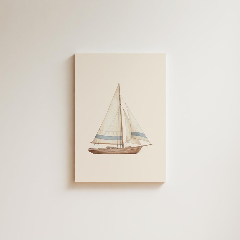 May include: Watercolor painting of a sailboat with a beige hull, white sails, and blue stripes. The artwork is on a rectangular canvas with a cream-colored background. The boat is depicted in a side view, with the mast and sails prominently displayed.
