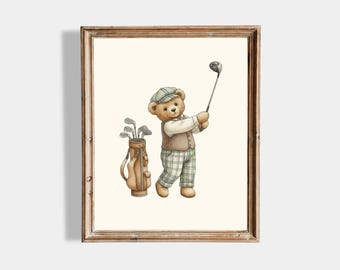 Vintage Golf Teddy Bear Nursery Wall Art | Golf Nursery | Vintage Golf Art | Country Club Wall Decor | Vintage Bear Prints | Boy Room