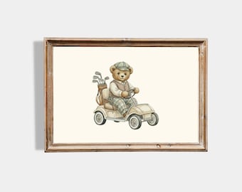 Teddy Bear Golf Cart Print | Vintage Golf Nursery | Sports Nursery Wall Art | Golf Kids Room Decor | Watercolor Golf Poster | Digital Print