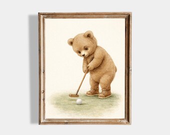 Teddy Bear Golf Nursery Art Printable, Vintage Little Golfer Wall Art, Neutral Baby Boy Nursery Decor, Golf Nursery Print
