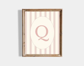 Rosa Gestreifte Kinderzimmer Bilder | Mädchen Monogramm Wandkunst A-Z | Vintage Babyzimmer Dekor | Personalisierte Alphabet Printable | Digitaldruck