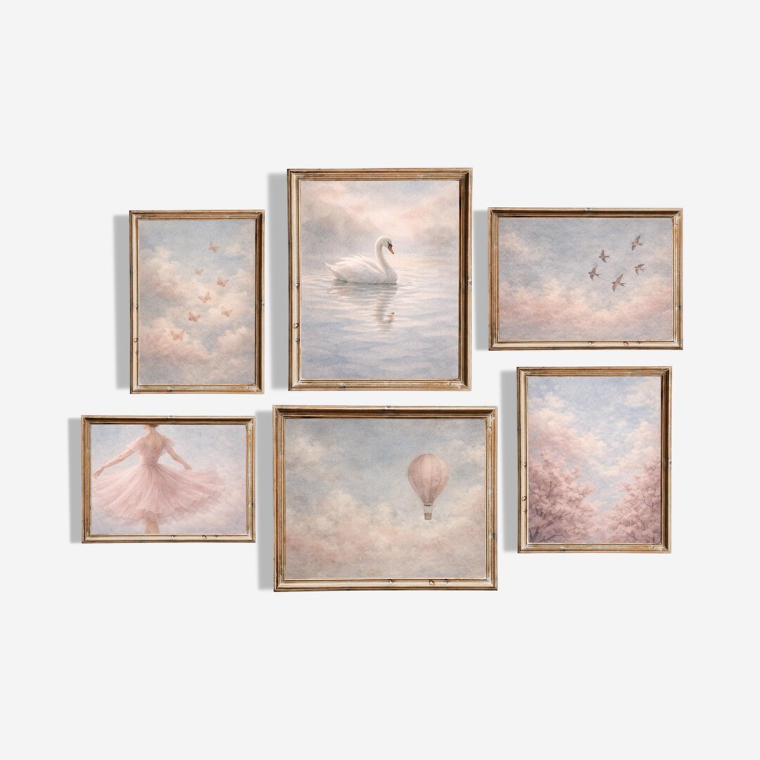 Blush Pink Blue Nursery Wall Art Set of 7, Dreamy Swan & Ballerina ...