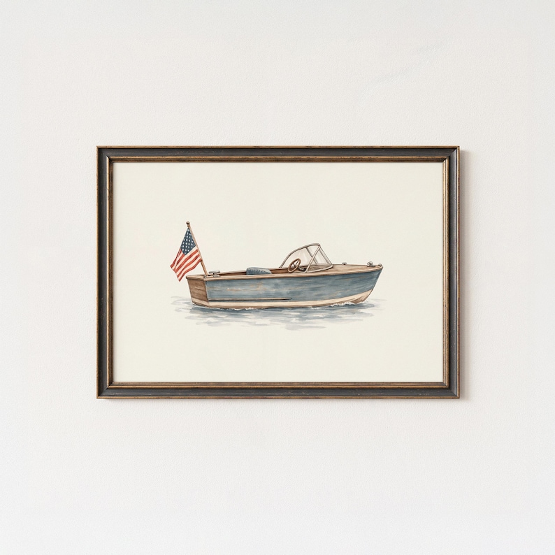 Vintage Boat Wall Art, Lake House Decor, Americana Boat Print, Nautical Nursery Art, Coastal Kids Room Wall Decor image 4