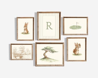 Bunny Golf Nursery Wall Art Set | 6 Piece Vintage Golf Gallery Wall | Woodland Bunny Nursery Decor | Neutral Sports Nursery Prints