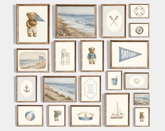 25+ Nautical Nursery Prints | Sailor Teddy Bear Nursery | Sailboat Print | Coastal Kids Room Decor | Vintage Sailboat Wall Art
