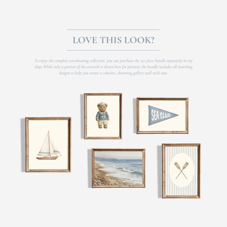 May include: A gallery wall arrangement featuring framed nautical-themed art prints. The collection includes a sailboat, a teddy bear in a sailor outfit, a beach scene, a pennant with "SEA CLUB" text, and crossed oars. The frames are a warm brown color.