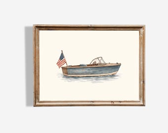 Vintage Boat Wall Art, Lake House Decor, Americana Boat Print, Nautical Nursery Art, Coastal Kids Room Wall Decor
