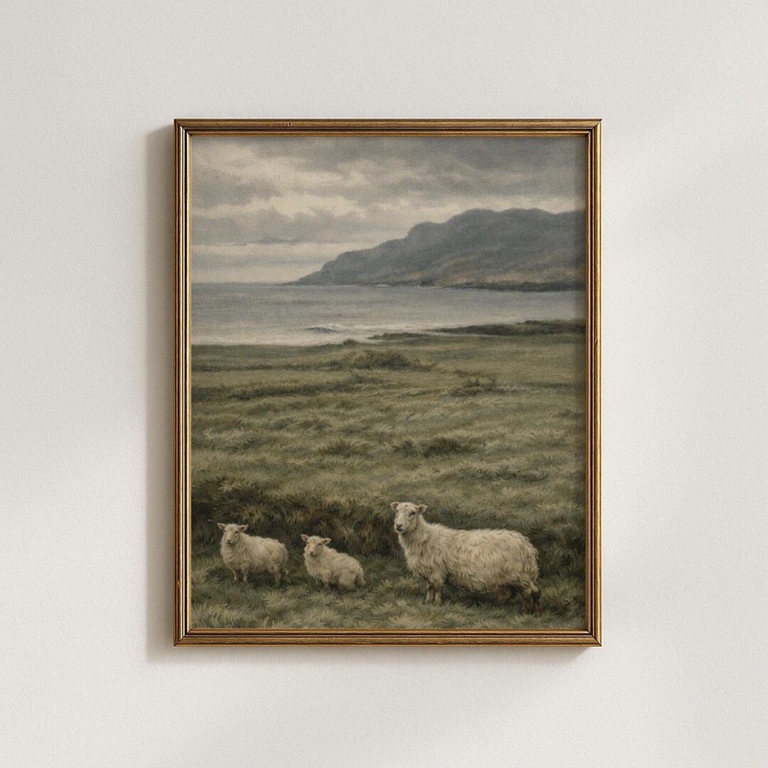 Vintage Sheep Landscape Print, Pastoral Farm Wall Art, Moody Green ...