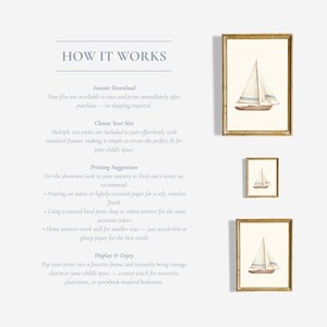 May include: Watercolor sailboat art prints in gold frames. The prints feature a beige background with a brown sailboat and blue accents. The text "HOW IT WORKS" is at the top, with instructions for printing and display.