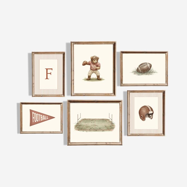 Plus de 50 imprimés football nounours pour chambre d'enfant | Lot d'oeuvres d'art sportives vintage | Décoration de chambre de garçon | Animaux de football aquarelle rustique | Téléchargement instantané
