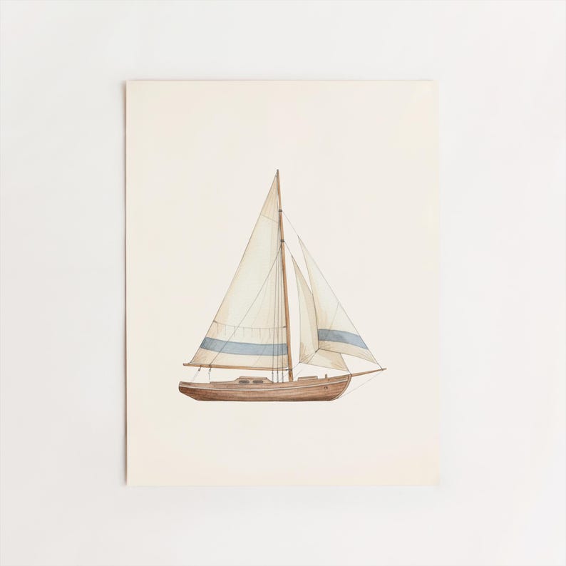 May include: Watercolor painting of a sailboat with a brown hull, white sails, and a blue stripe. The artwork is on a cream-colored background, evoking a nautical theme. The boat is depicted with detailed rigging and sails.