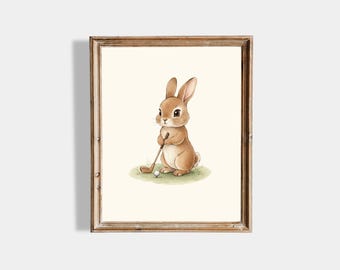 Bunny Golf Nursery Wall Art, Vintage Bunny Golfer Print, Sage Green Nursery Decor, Woodland Bunny Art, Neutral Baby Room Printable