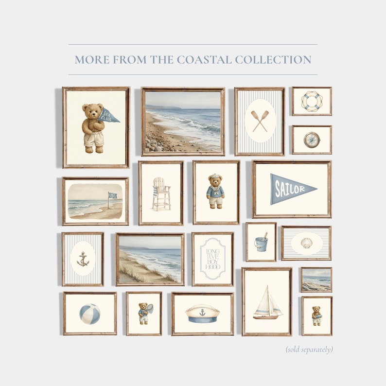 May include: A collection of framed art prints with a coastal theme. The prints feature watercolor illustrations of teddy bears, beach scenes, nautical elements, and the text "SAILOR". The color palette includes blues, tans, and browns.
