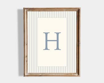 Blue Alphabet Initial Wall Art A–Z, Personalized Nursery Letter Prints, Vintage Striped Monogram Art, Baby Boy Nursery Decor