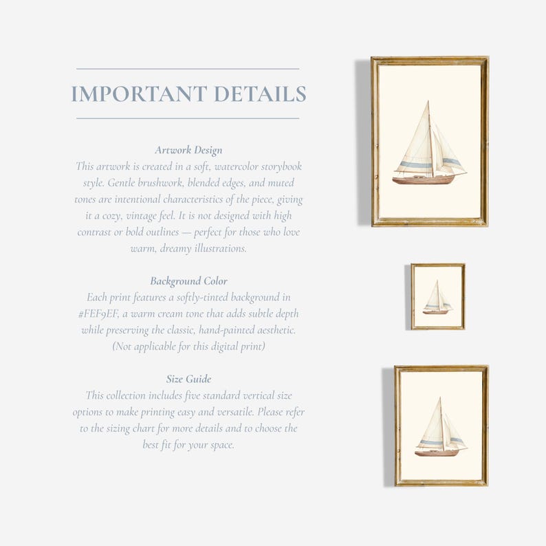 May include: Watercolor sailboat art prints in gold frames. The prints feature a beige background with a brown sailboat and blue accents. The image also includes text that reads "IMPORTANT DETAILS".