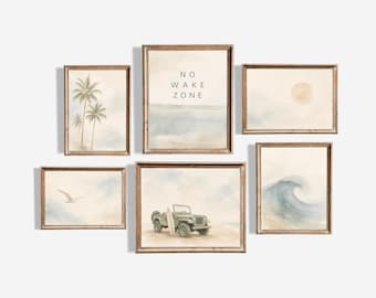 Coastal Wall Art Set of 10, Vintage Beach Nursery Decor, Ocean Wall Art Collection, Neutral Coastal Prints, Surf Jeep Palm Tree Art