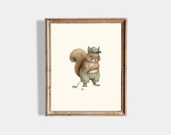 Vintage Golf Nursery Art | Squirrel Golfer Print | Sports Nursery Wall Decor | Woodland Golf Animal | Boys Room Printable