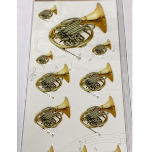 French Horn Stickers / Musical Instrument Shape Stickers with Sparkle for Scrapbooking, Crafts / 15 stickers per sheet, Varied Sizes