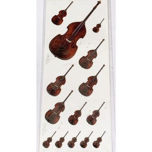 May include: A sheet of stickers featuring 12 brown double bass illustrations. The bass is a stringed musical instrument.