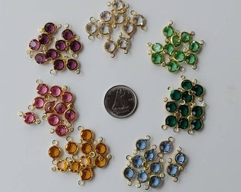 20 Vintage Connectors 6mm Round Faceted Glass Beads In Open Back Shiny Brass Bezel Setting with 2 Rings/Loops/Connectors