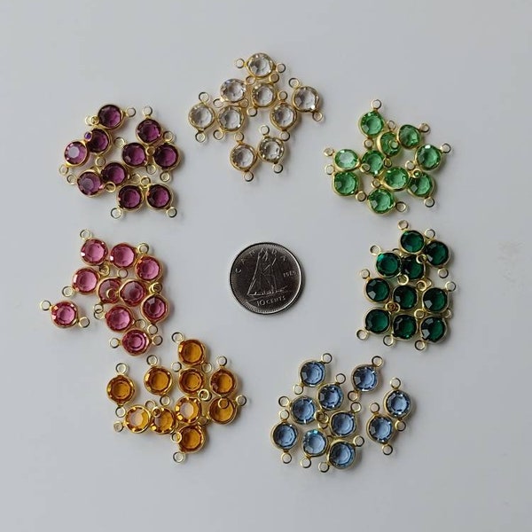 20 Vintage Connectors 6mm Round Faceted Glass Beads In Open Back Shiny Brass Bezel Setting with 2 Rings/Loops/Connectors