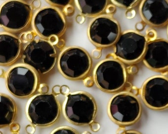 20 Vintage Connectors 8mm Round Faceted Glass Beads In Open Back Shiny Brass Bezel Setting with 2 Rings/Loops/Connectors