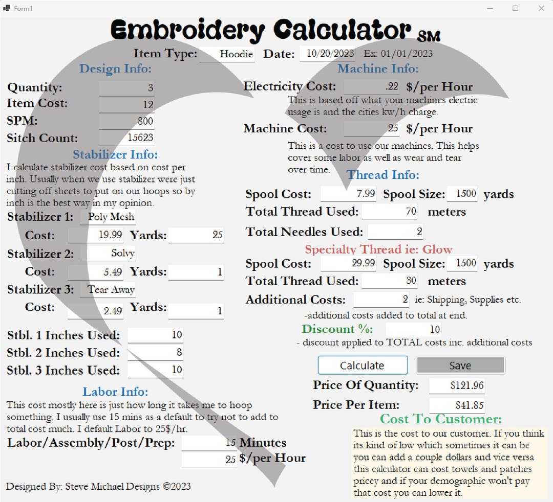 Machine Embroidery Pricing Calculator Etsy