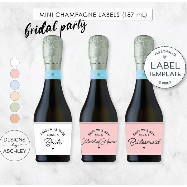 Bridal Party Gifts, Mini Prosecco Bottle Party Favor Labels, Custom 187 mL Sparkling Wine, Champagne, Bride, Bridesmaids, MOH, MOB, MOG