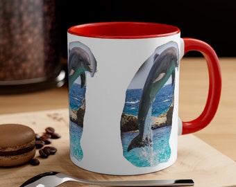 Jumping Dolphin 11oz accent koffiemok, zee oceaan waterdieren mok cadeau voor haar, hem, BE40M/2