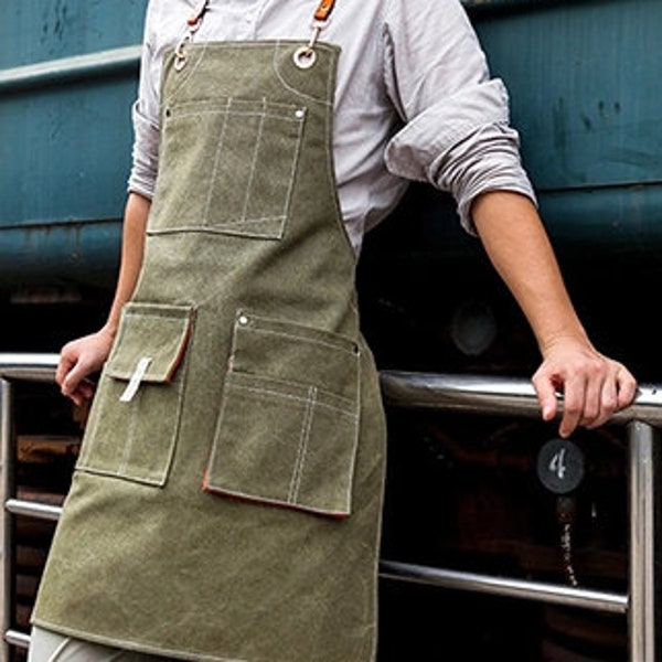 Canvas Apron with Tool Pockets, Cross Back Straps for Woodworking Painting Professional | Father's Day Gift