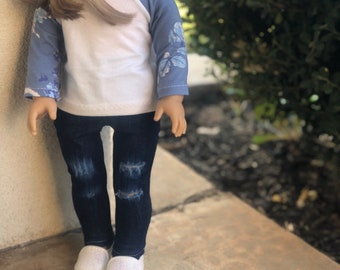 Jeans and baseball shirt -18 inch doll clothes- custom ripped jeans