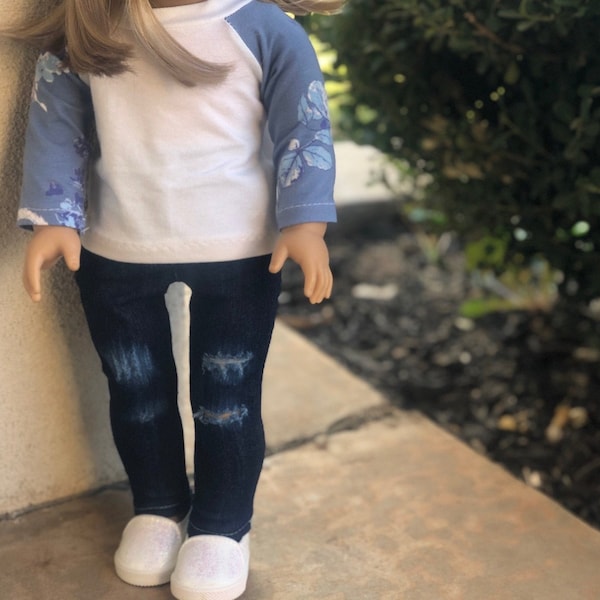 Jeans and baseball shirt -18 inch doll clothes- custom ripped jeans