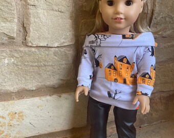 Leggings- 18 inch doll clothes- black, leather, Halloween shirt