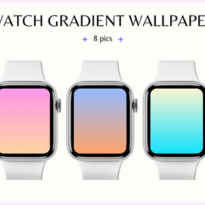 Puede incluir: Tres esferas de Apple Watch blancas con diferentes esquemas de degradado de color. La primera esfera tiene un degradado de rosa a naranja, la segunda esfera tiene un degradado de azul a naranja y la tercera esfera tiene un degradado de amarillo a azul.