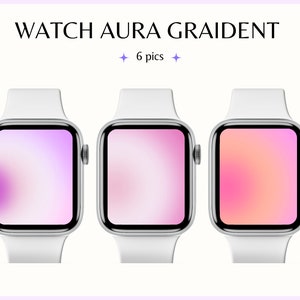 Könnte beinhalten: Drei weiße Apple Watch-Zifferblätter mit Farbverläufen. Das erste Zifferblatt hat einen rosa und violetten Farbverlauf, das zweite Zifferblatt hat einen rosa und weißen Farbverlauf und das dritte Zifferblatt hat einen rosa und orangenen Farbverlauf.