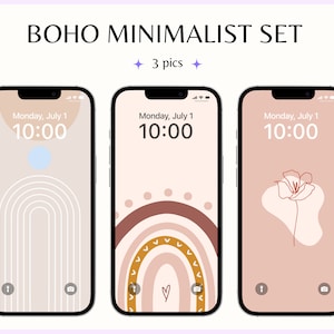 Puede incluir: Conjunto de tres fondos de pantalla minimalistas para teléfono en estilo boho. El primer fondo de pantalla presenta un fondo marrón claro con un diseño de arco blanco. El segundo fondo de pantalla presenta un fondo marrón claro con un diseño de arcoíris en tonos marrones, naranjas y amarillos. El tercer fondo de pantalla presenta un fondo rosa claro con un dibujo de una flor de una sola línea.