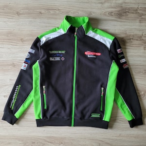 Clinton Quattro Plant Bournemouth Kawasaki Racing men's Size L-XL Jacket Fleece Full Zip Pockets Embroidered Logo Patches Black Green White