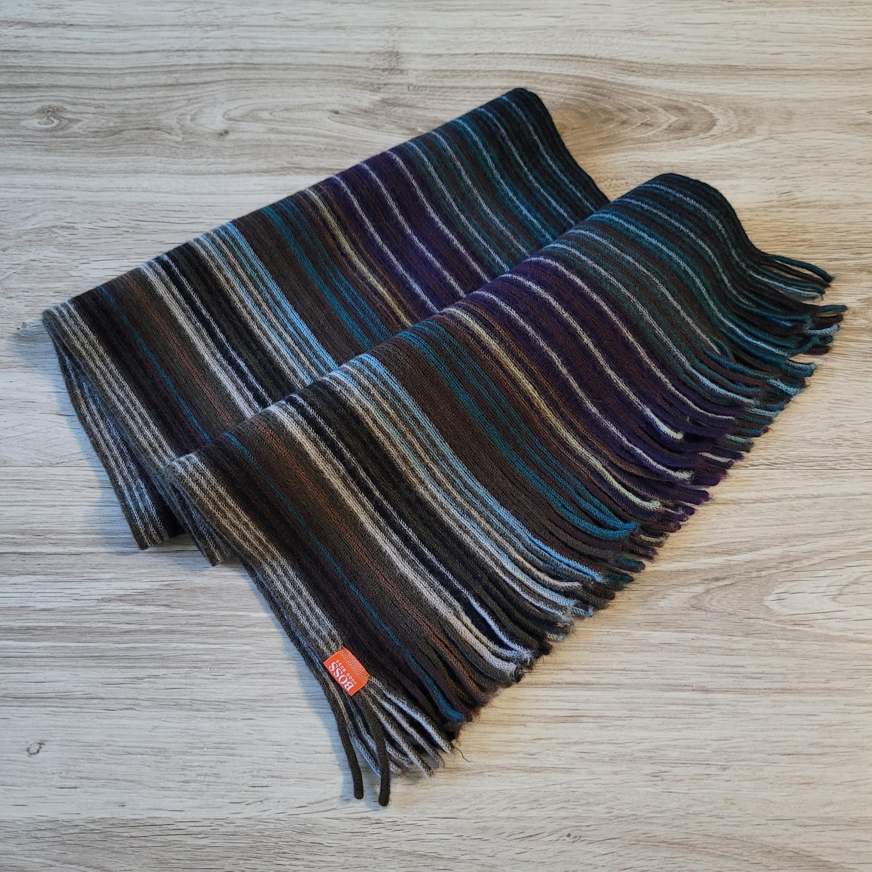 Châle D'hiver / Écharpe Unisexe En Laine HUGO BOSS - Rayé Bleu/gris, étiquette Rouge, Occasion