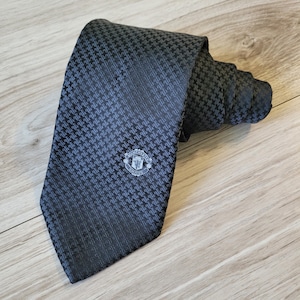 Manchester United Necktie Tie Football Club Soccer Team Fan Supporter Collectible Souvenir Red Devils Logo Geometric Black Gray Polyester