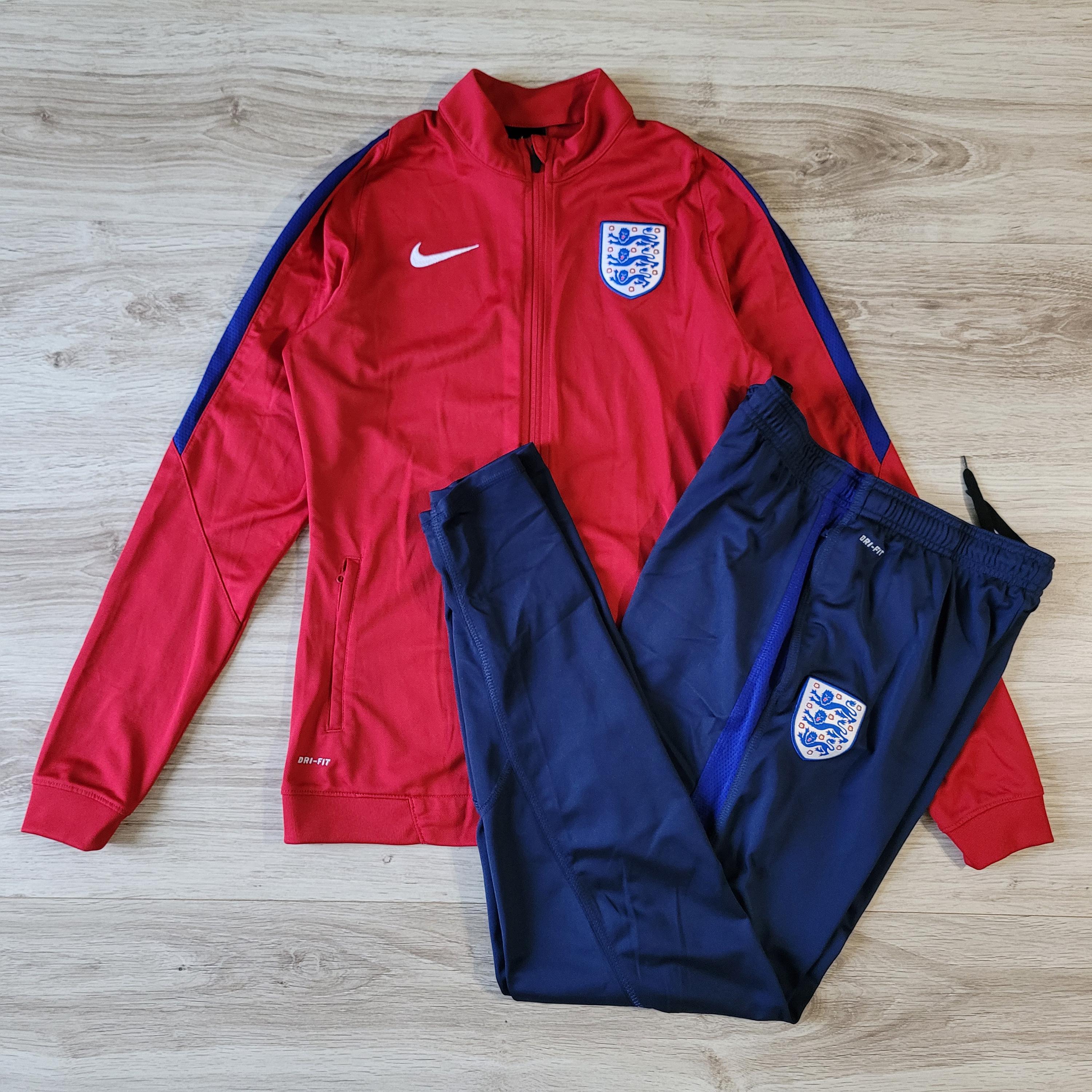 Nike England women's Size S-M National Football Soccer Team Training Pre-Match Kit Track Suit Full Zip Jacket Long Sleeve Pants Blue Red