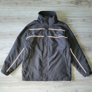 Mercedes-Benz men's Size L 3 in 1 Wind Jacket Windbreaker Full Zip Reflective Stripes Removable Fleece Lining Stand-Up High Collar Gray