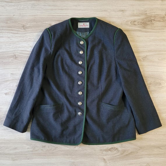 Steinbock, Steinbock Tyrol Austria women's Size L-XL US 16 UK 20 A/D 46 Jacket Blazer Green Grey Round Collar Neck Button Closure Wool Blend