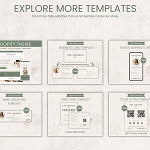 Peut inclure: Image promotionnelle pr&eacute;sentant divers mod&egrave;les num&eacute;riques, notamment des th&egrave;mes Shopify, des cartes de visite et des signatures &eacute;lectroniques. Les mod&egrave;les pr&eacute;sentent une palette de couleurs neutres avec du texte tel que "Explore More Templates" et "Digital Download".