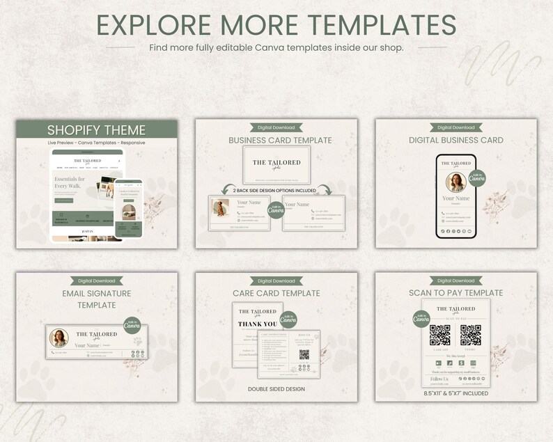 Peut inclure: Image promotionnelle pr&eacute;sentant divers mod&egrave;les num&eacute;riques, notamment des th&egrave;mes Shopify, des cartes de visite et des signatures &eacute;lectroniques. Les mod&egrave;les pr&eacute;sentent une palette de couleurs neutres avec du texte tel que "Explore More Templates" et "Digital Download".