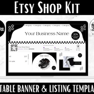 Etsy Shop Kit Bundle - Comprehensive Branding with Banner Template & Canva Mockup | Complete Etsy Banner and Shop Branding Kit Black PP01
