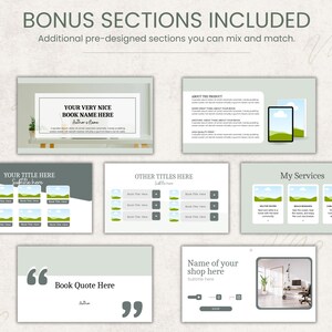 Peut inclure: Un mod&egrave;le de pr&eacute;sentation num&eacute;rique avec des sections pr&eacute;-con&ccedil;ues. Il comprend des zones pour les titres de livres, les citations et les informations sur la boutique. Le mod&egrave;le pr&eacute;sente un design &eacute;pur&eacute; et moderne avec une palette de couleurs neutres et le texte "BONUS SECTIONS INCLUDED".